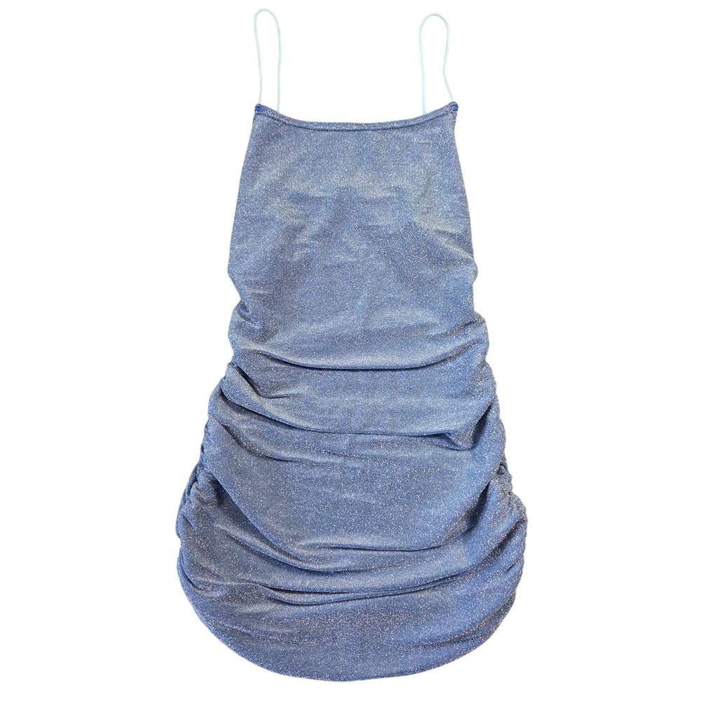 SHEIN‎ Petite XS Light Blue Shimmer Ruched Bodycon Mini Dress Spaghetti Strap